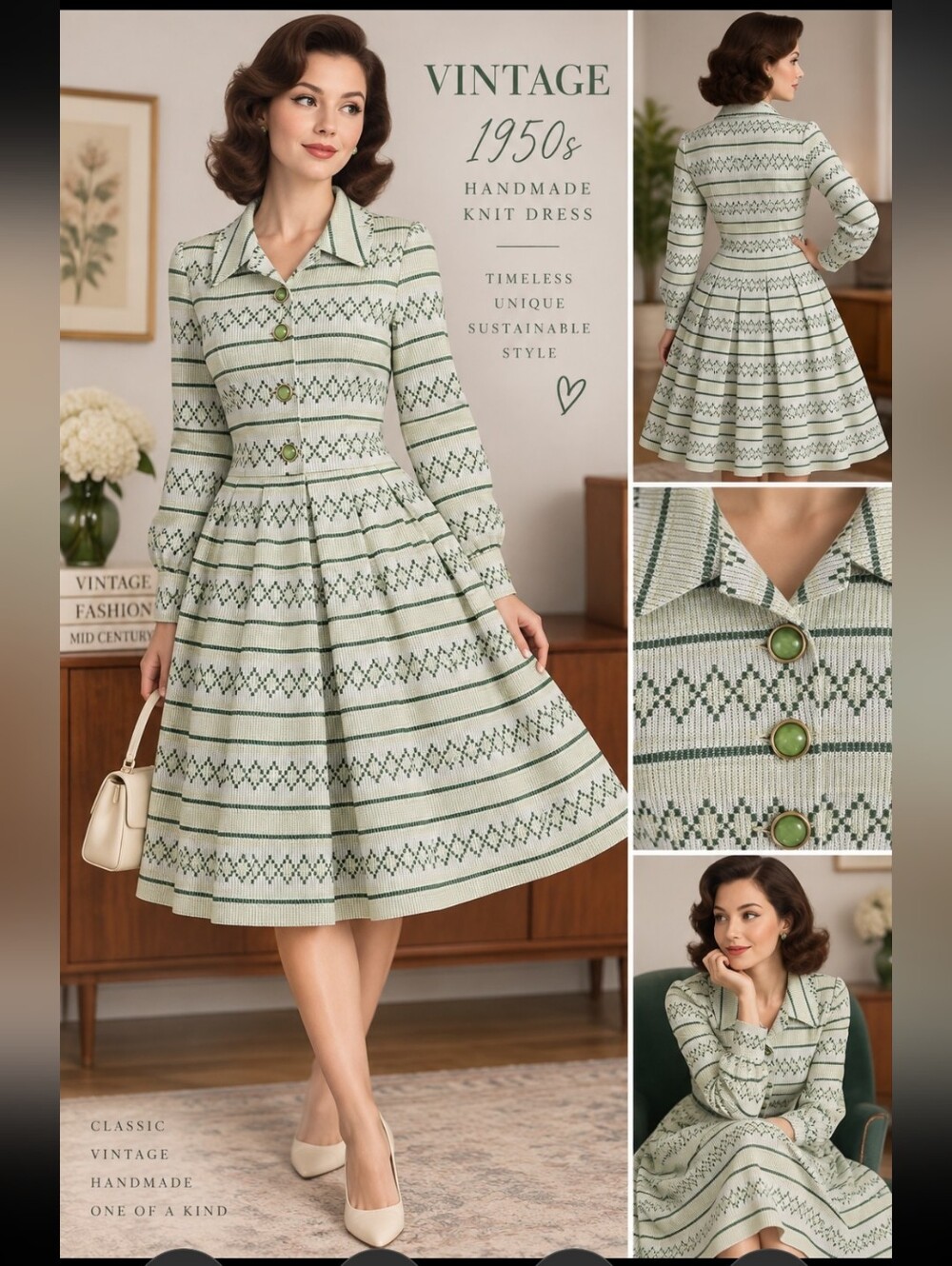 Vintage 1950s Handmade Knit Dress – Green & Cream Geometric Pattern – XS/S